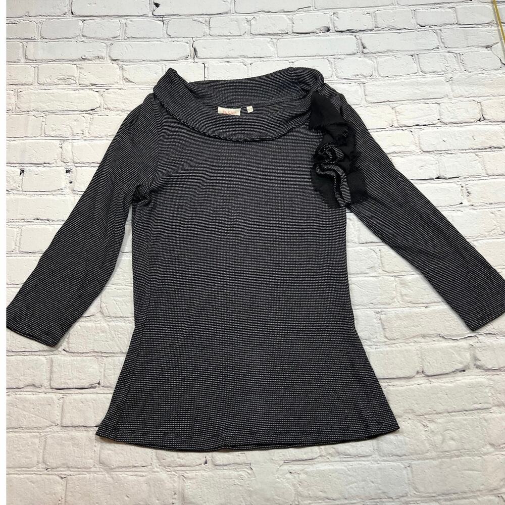 💰10 SALE!! Anthropologie Deletta waffle-knit Cowl Neck 3/4 Sleeve black Ruffle L